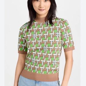 Tory Burch Green, Tan & White Geometric Knit Short-Sleeve Top